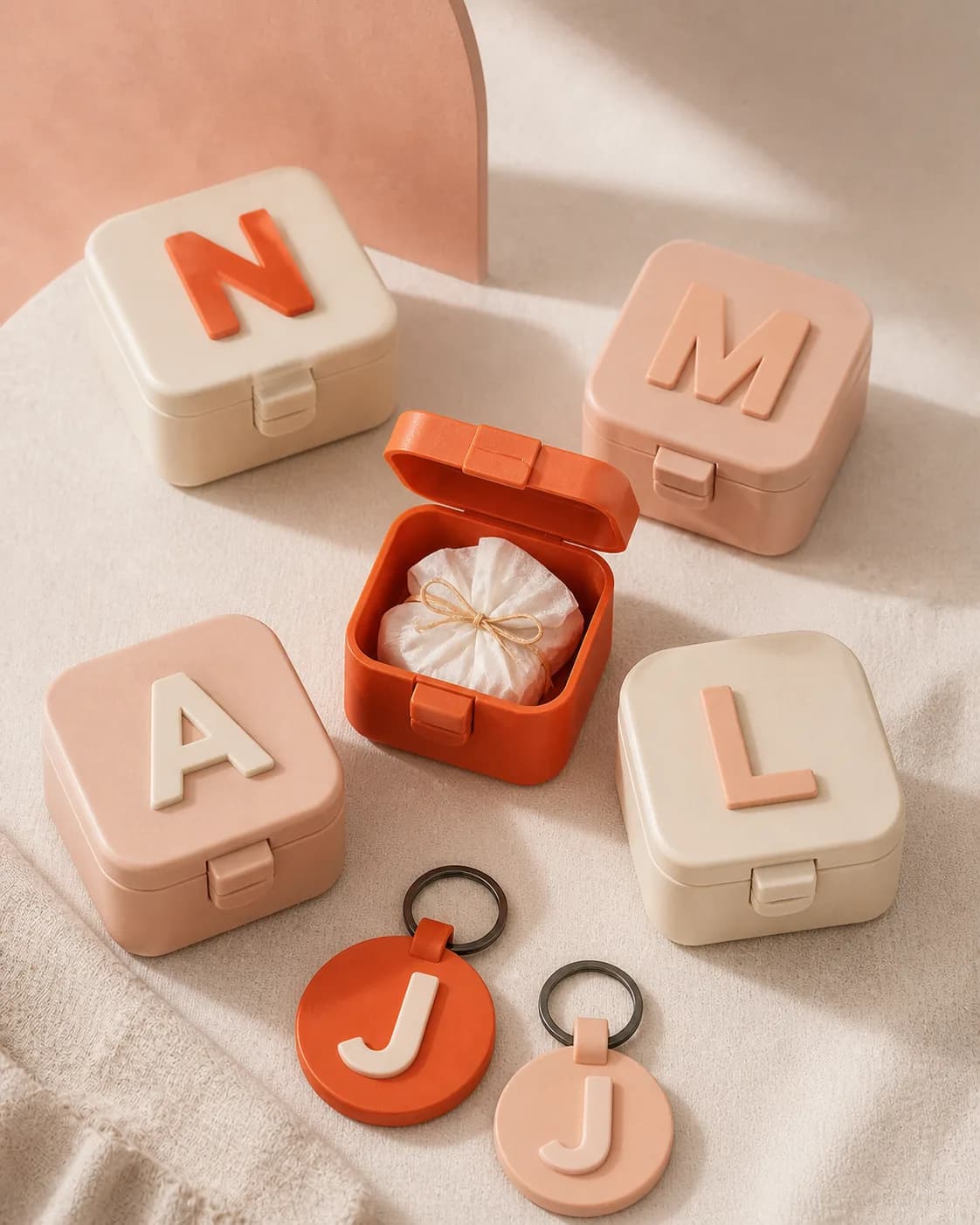 Personalized 3D-printed favor boxes and initial keychains in warm party colors