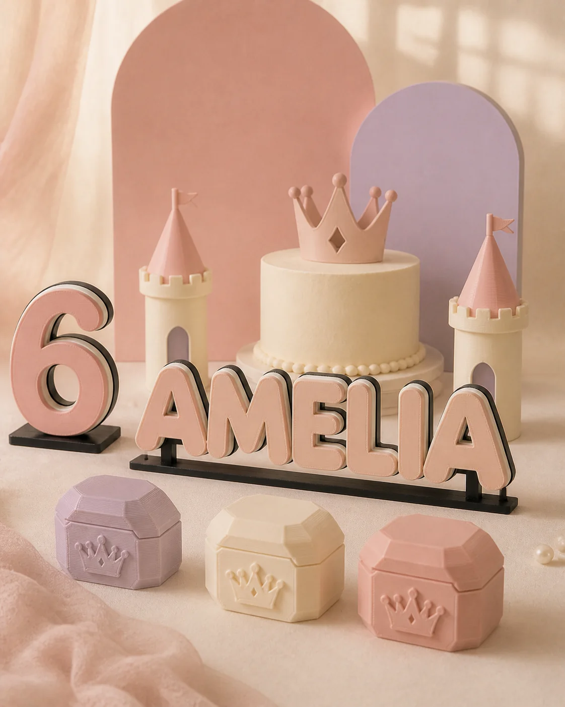 Blush and lavender princess party set: a layered AMELIA name sign, standing number six, crown cake topper, two castle turrets, and three jewel-box favor boxes